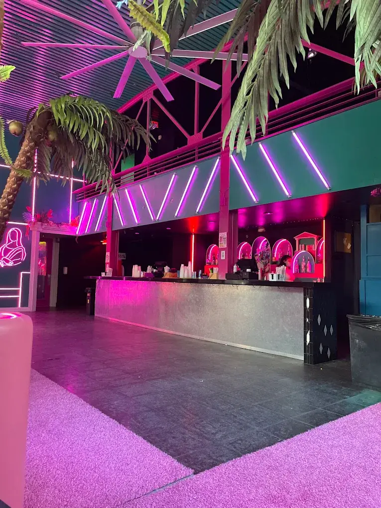 Main bar with angled pink neon tubes and palm trees